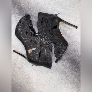 Gianni Bini Black Lace-Up Stiletto Heels 7.5 Laser Cut Leather Suede Gothic Sexy